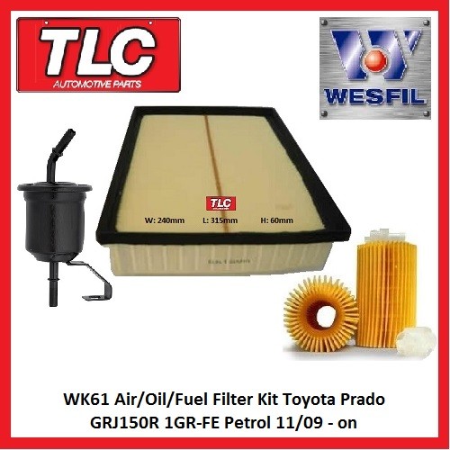 WK61 Air/Oil/Fuel Filter Kit Toyota Prado GRJ150R 1GR-FE Petrol 11/09 - on