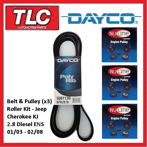 Dayco Fan Belt & Pulley Roller Kit Jeep Cherokee KJ 2.8 Diesel ENS 01/03 - 02/08