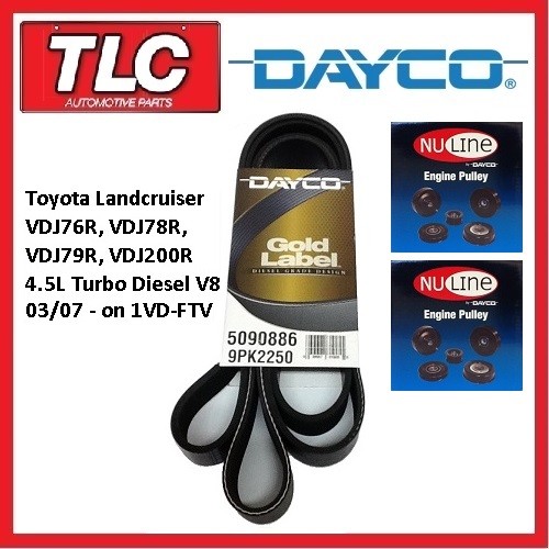 Dayco Fan Belt & Pulley Roller Kit Landcruiser VDJ76R 78R 79R 200R 4.5 03/07-on