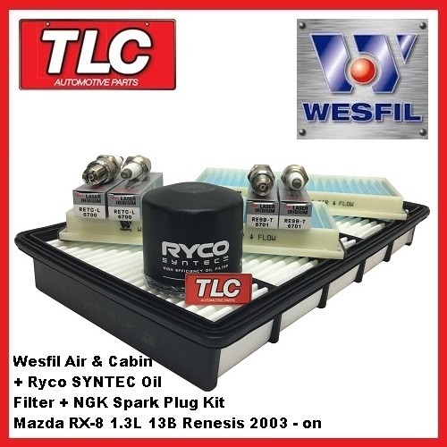 Wesfil Air & Cabin + Ryco Syntec Oil Filter + NGK Plugs Kit RX8 RX-8 1.3L 13B